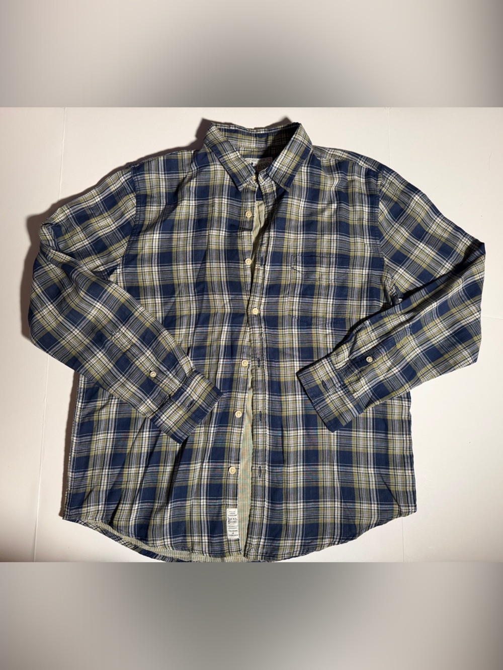 Lucky Brand Men’s Blue Olive Green Plaid Twill Cotton Button-Up Shirt Sz L EUC